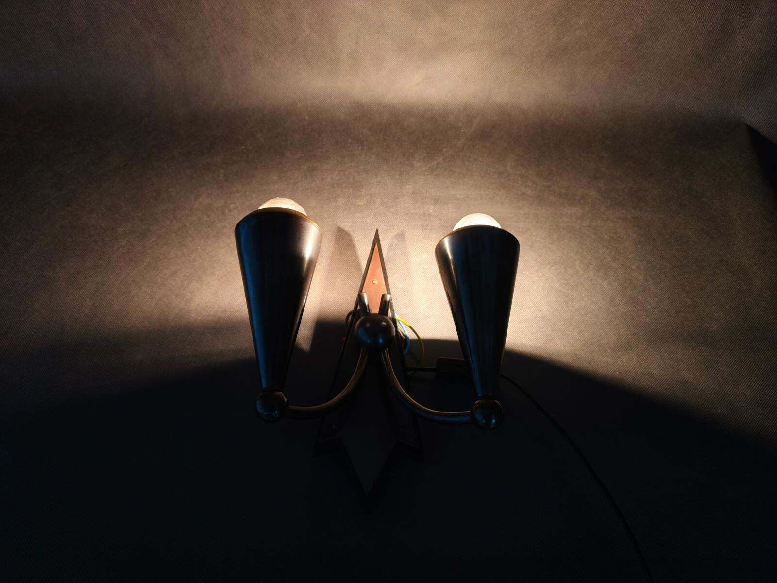 photo vinterior Czech Cubist Art Deco Wall Lamp, Metal And Wood, 1930s