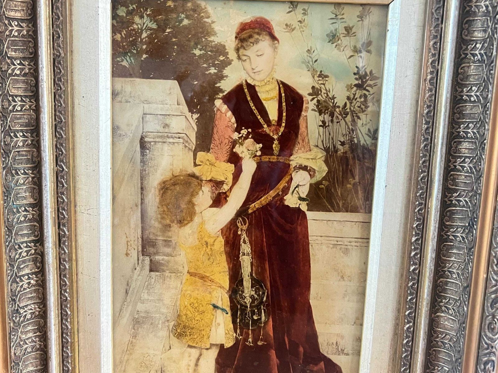 photo furniture Antique 1880 Gabriel Schachinger Reverse Glass Painting "The Flower Gift" Ornate Gilded Victorian Frame   Munich School Period Fine Art