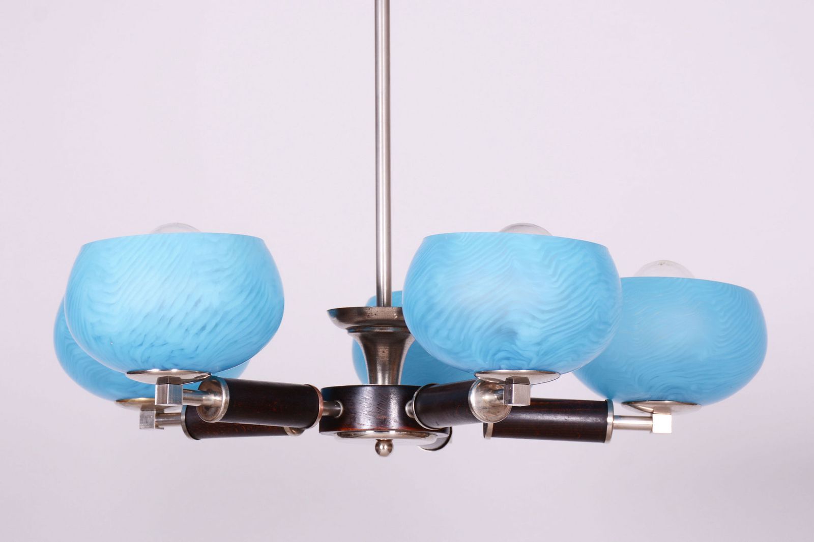 Restored Art Deco Chandelier, Chrome Plated Steel, Beech, Glass, Czech, 1920s photo furniture