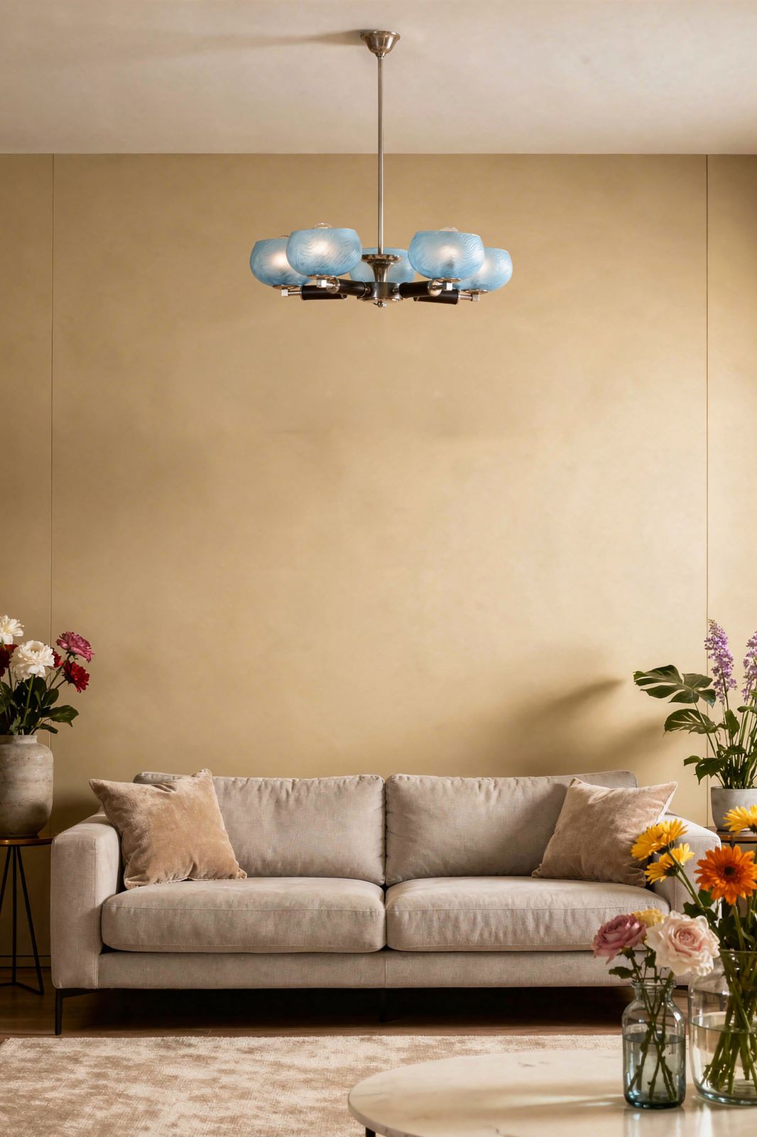photo for sale Restored Art Deco Chandelier, Chrome Plated Steel, Beech, Glass, Czech, 1920s