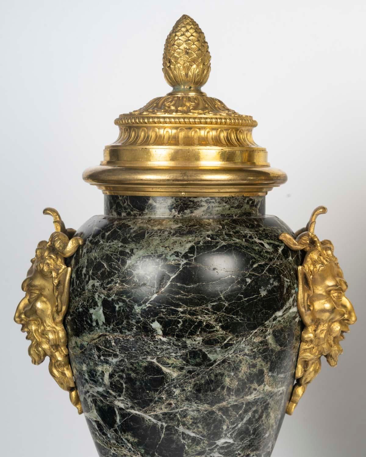Pair Of Monumental Sea Green Marble And Gilded Bronze Cassolettes photo for sale