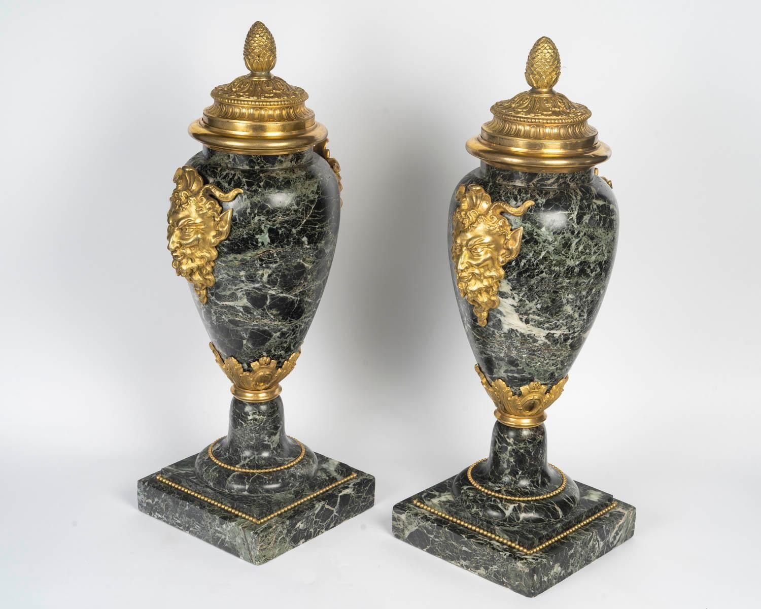 Pair Of Monumental Sea Green Marble And Gilded Bronze Cassolettes photo Home Decor