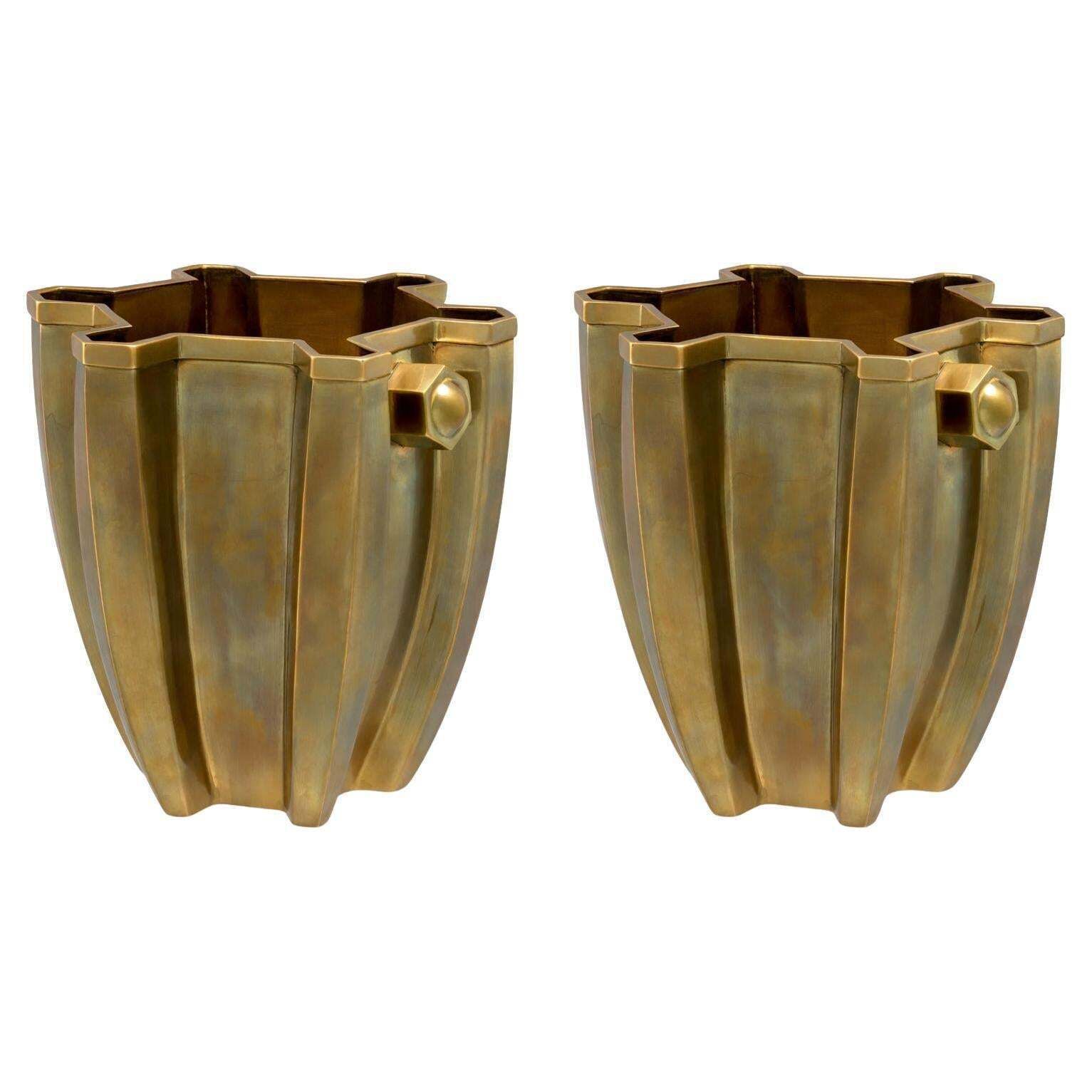 Pair Of Wine Coolers, Vintage Brass Finish, Contemporary