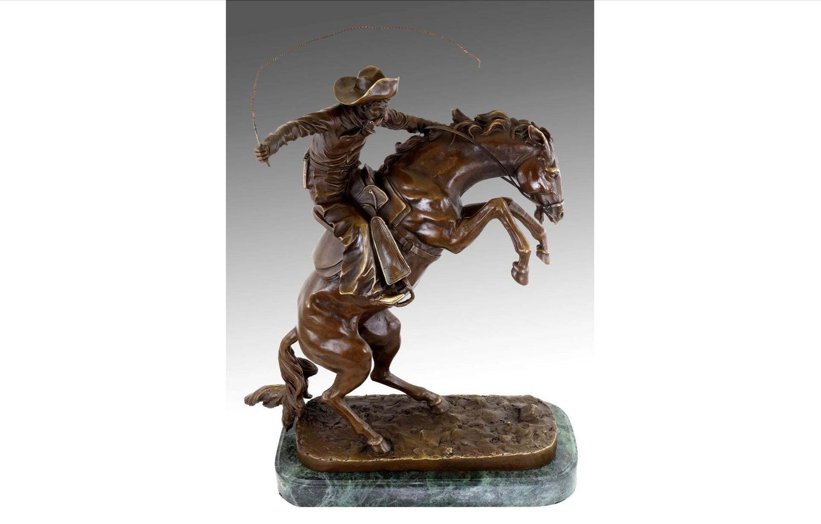 photo furniture Western Bronze Sculpture Depicting A Cowboy On A Rearing Horse, 20th Century.