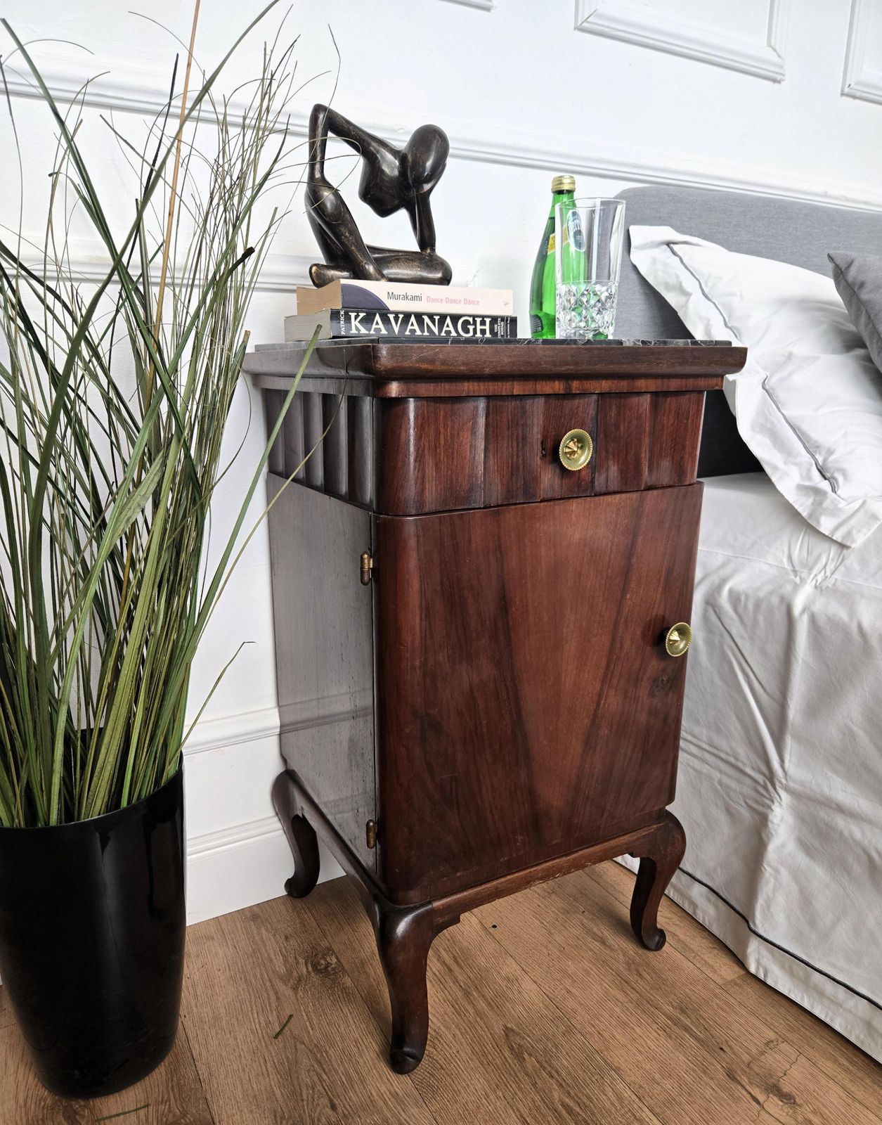 Pair Of Italian Art Deco Night Stands Bed Tables In Walnut Portoro Marble photo for sale
