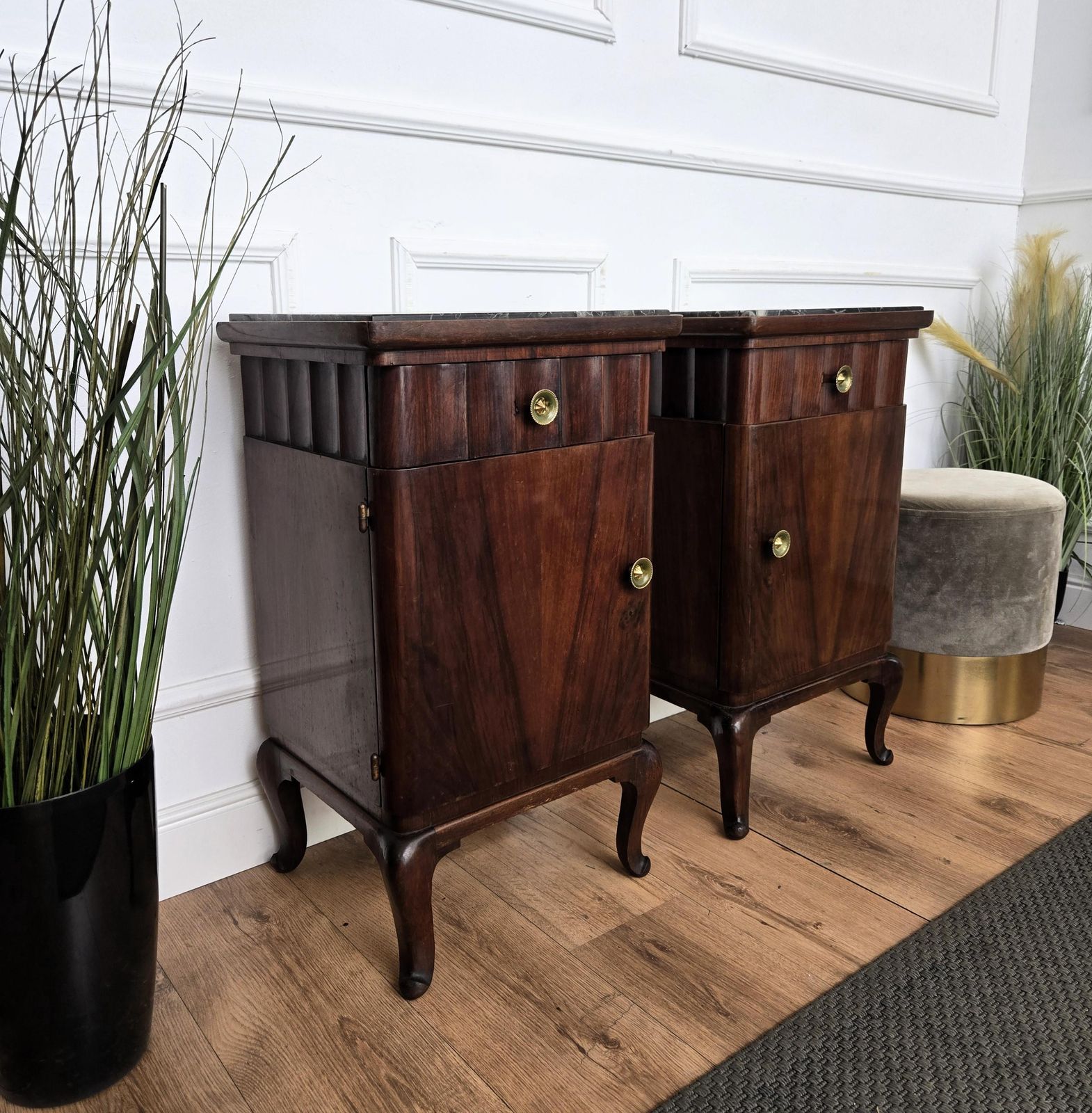Pair Of Italian Art Deco Night Stands Bed Tables In Walnut Portoro Marble photo 1934.0