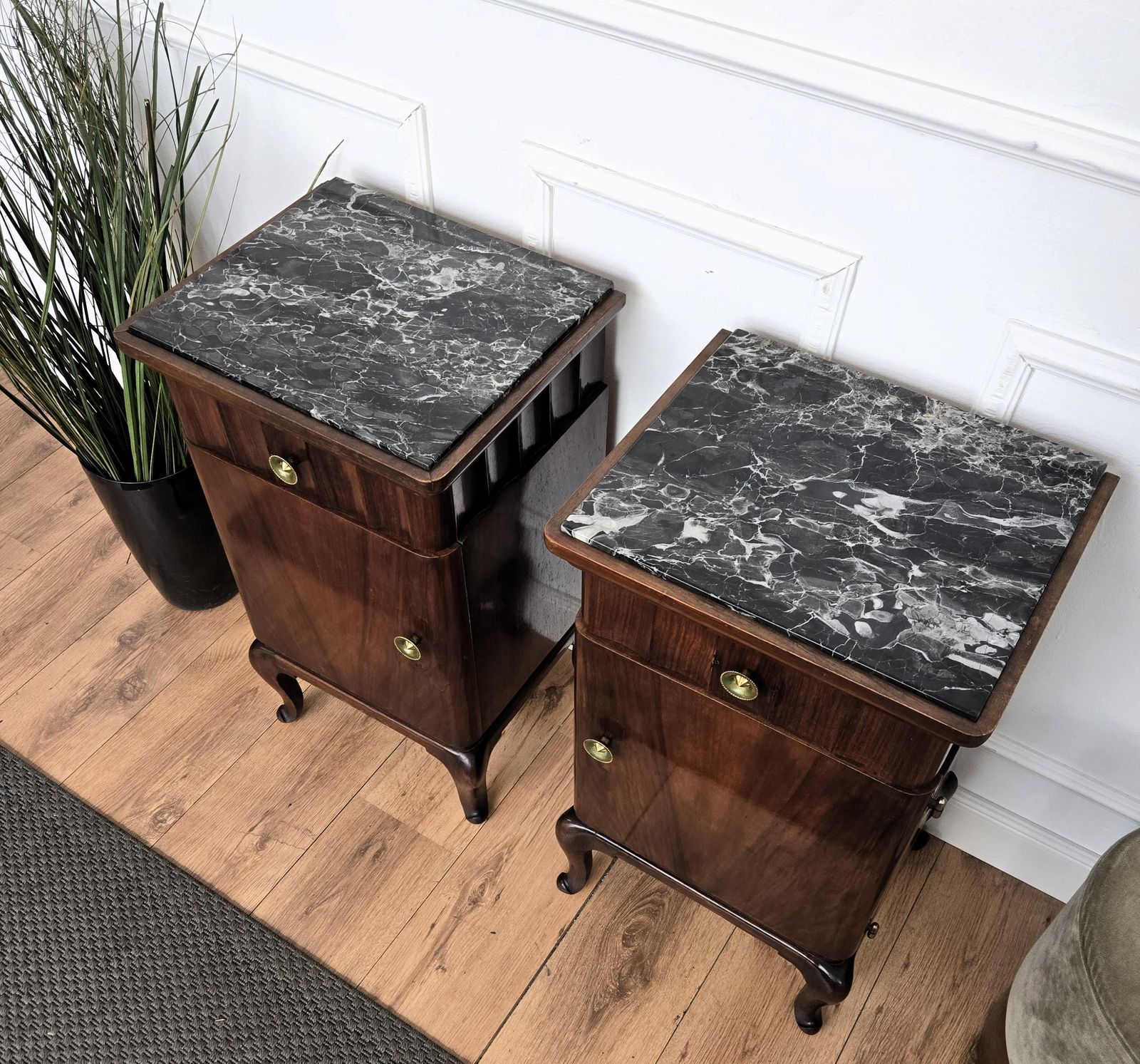 Pair Of Italian Art Deco Night Stands Bed Tables In Walnut Portoro Marble photo buy