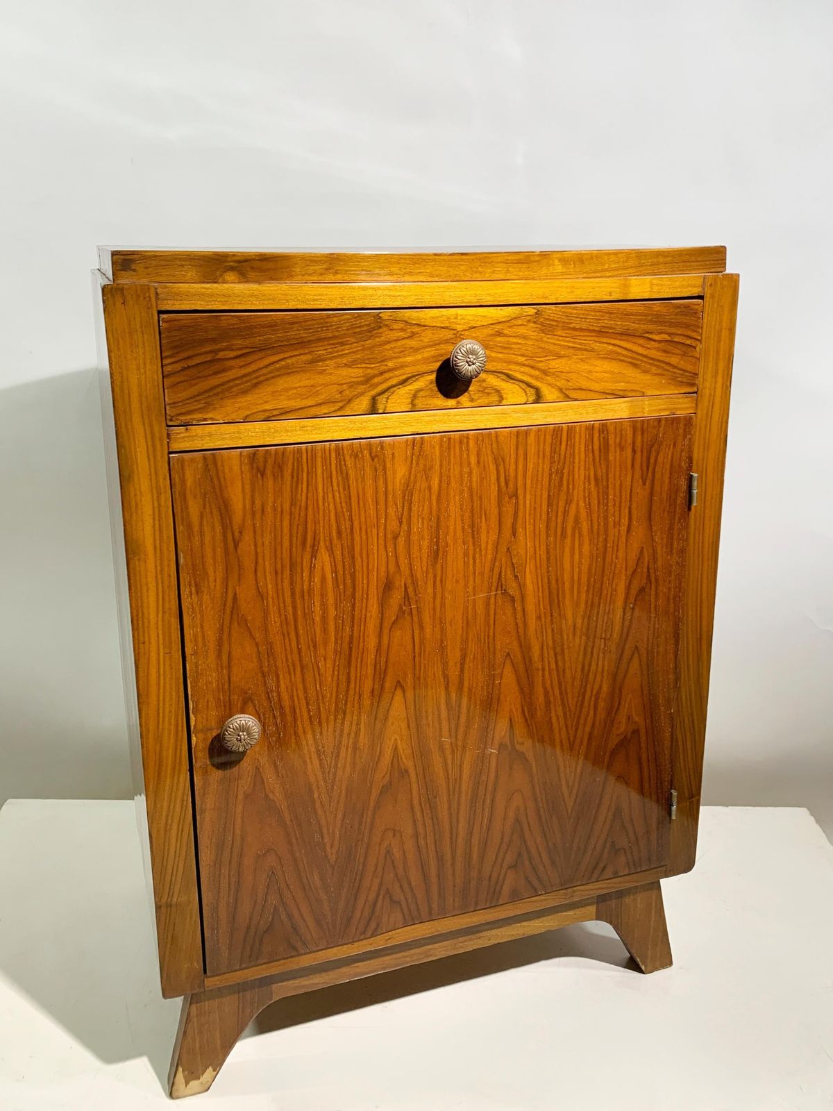 Art Deco Figured Walnut Veneer Bedside Cabinet /Nightstand, France, Circa 1940's photo for sale