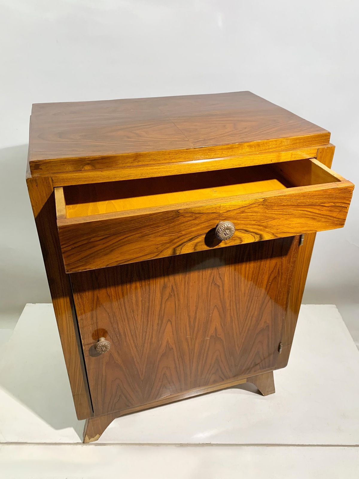 Art Deco Figured Walnut Veneer Bedside Cabinet /Nightstand, France, Circa 1940's photo vintage