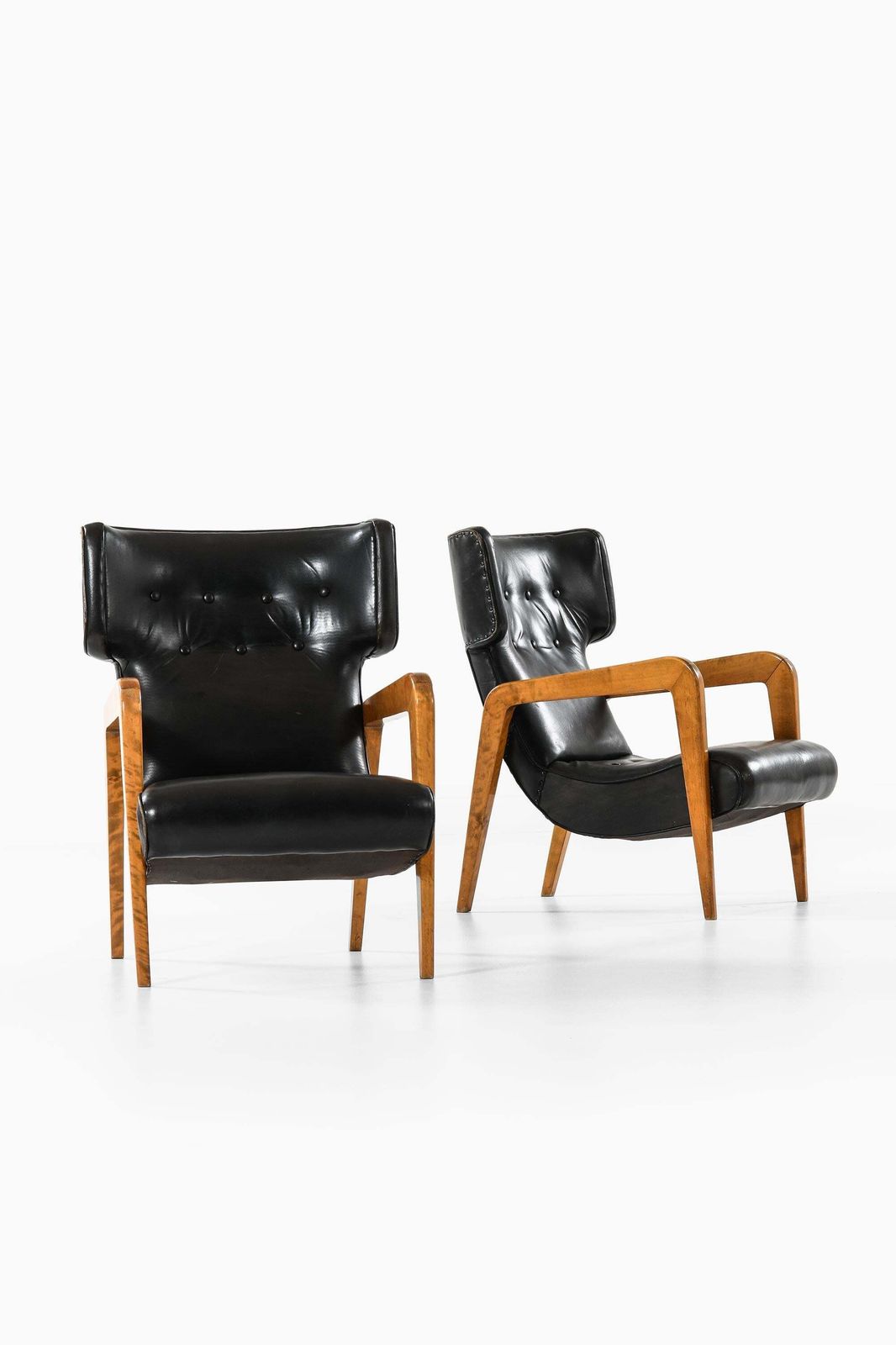Set Of 2 Easy Chairs In Leather And Brich, 1950s photo Furniture