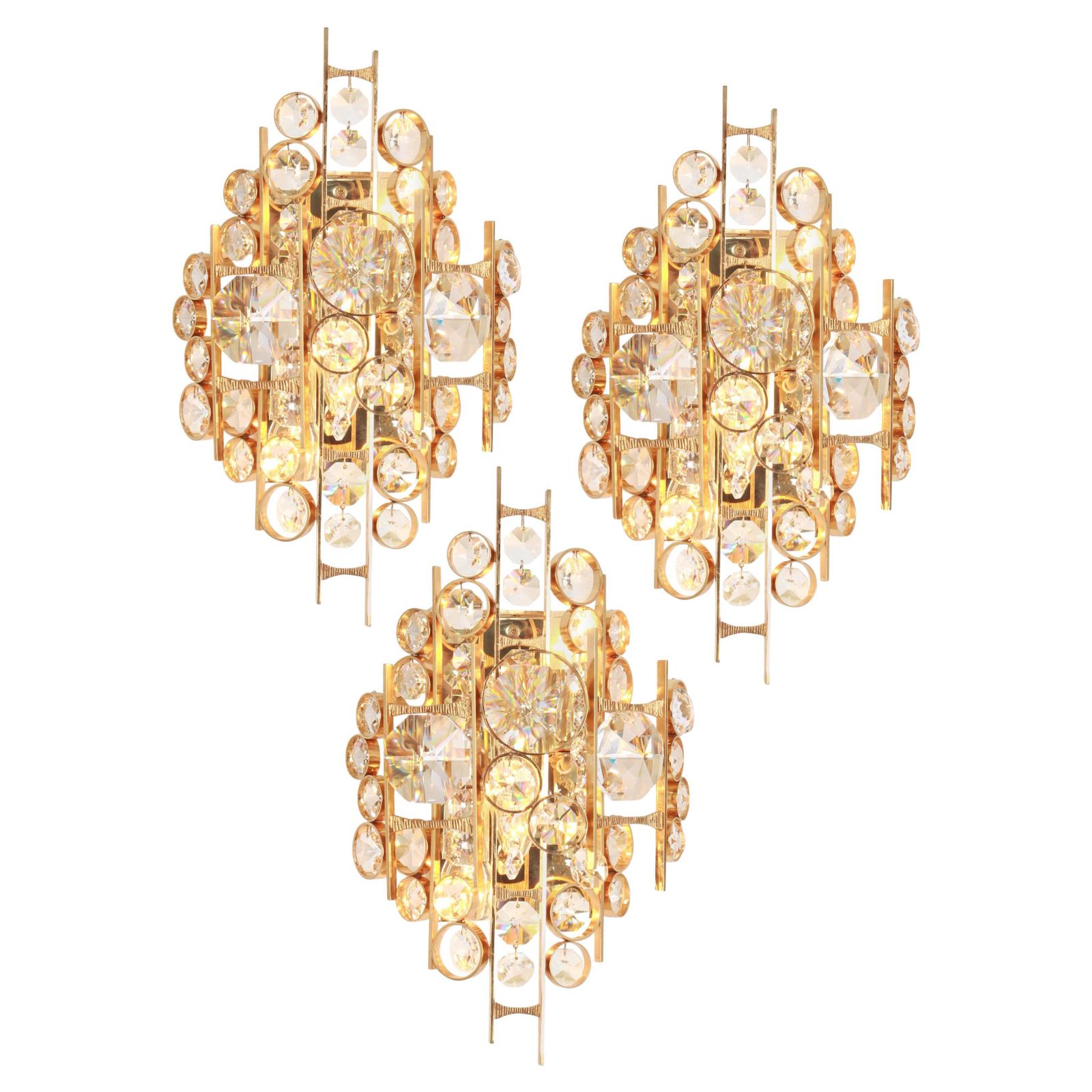 1 Of 4 Gilded Brass And Crystal Sconce, Sciolari Design, Palwa, Germany, 1960s