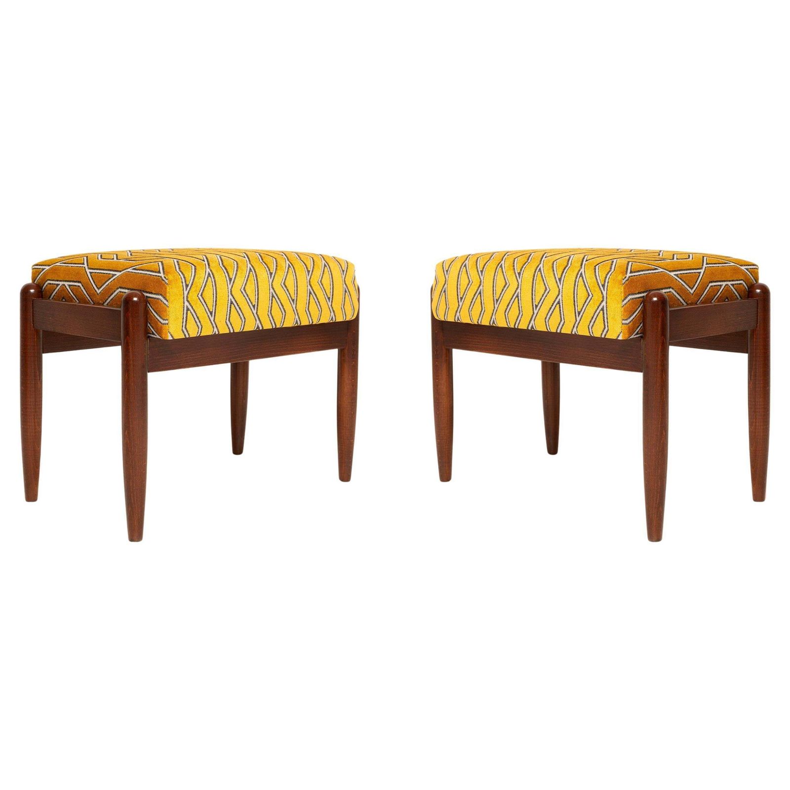 Pair Of Mid Century Gfm Stools In Yellow Jacquard By Casamance, E. Homa, 1960s