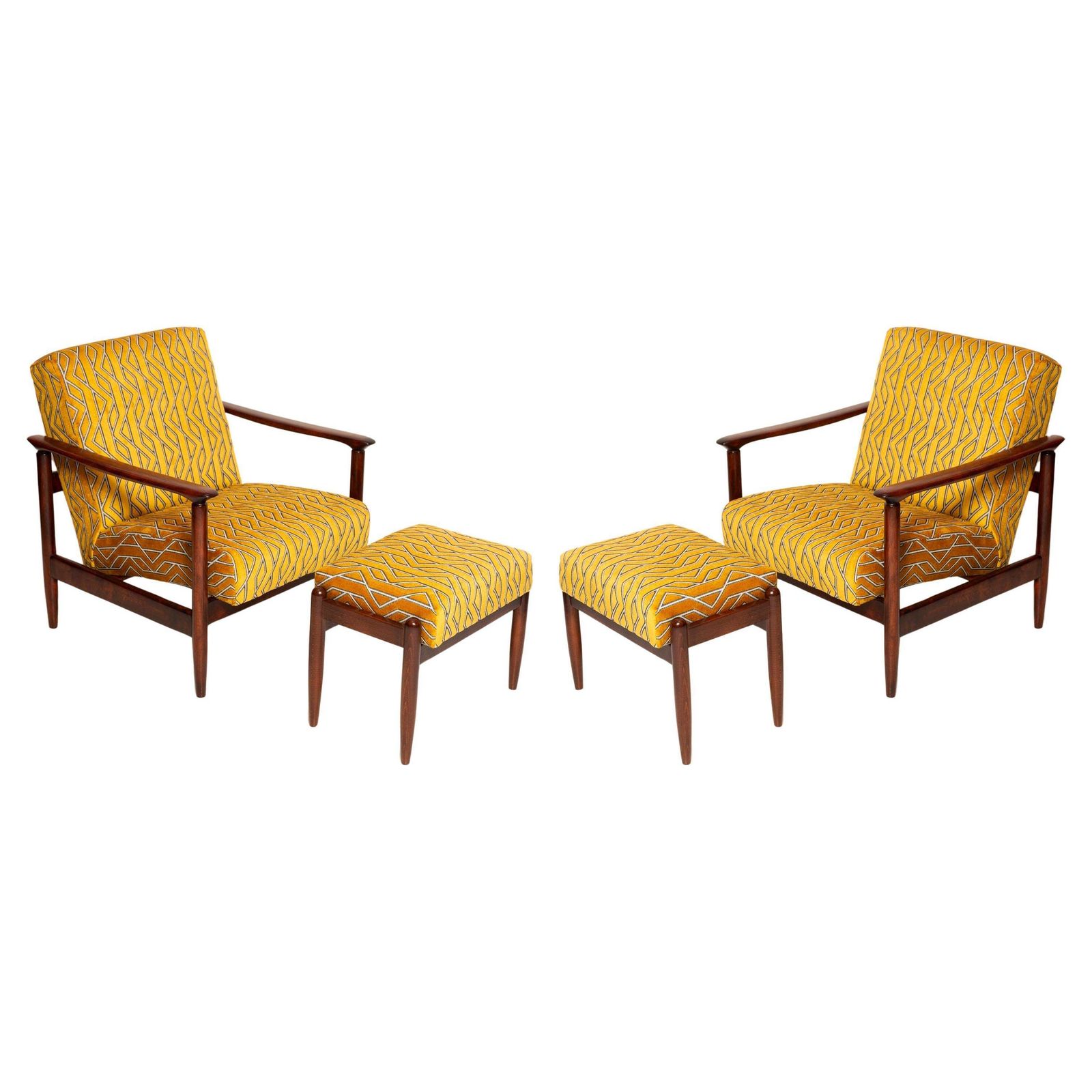 Pair Of Mid Century Yellow Jacquard Velvet Armchairs With Stool, 1960s