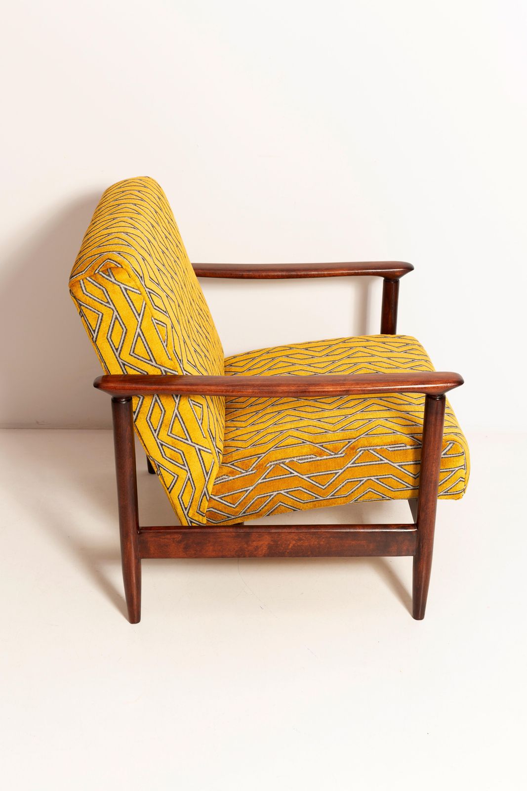 Pair Of Mid Century Yellow Jacquard Velvet Armchairs With Stool, 1960s photo vinterior