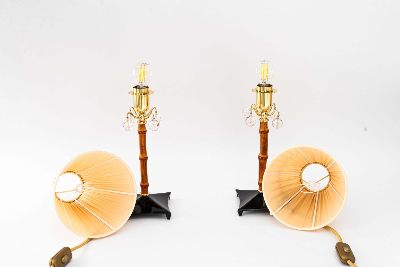 photo vintage 2x Rupert Nikoll Bamboo Table Lamps With Fabric Shades Vienna Around 1950s
