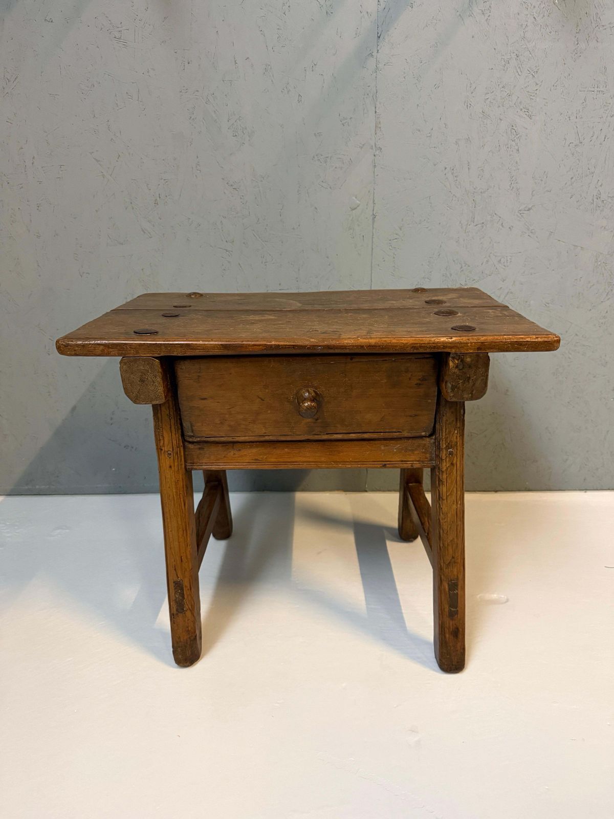 Early Spanish Pine Side Table With Drawer, Primitive Rustic Table, 19th Century photo furniture