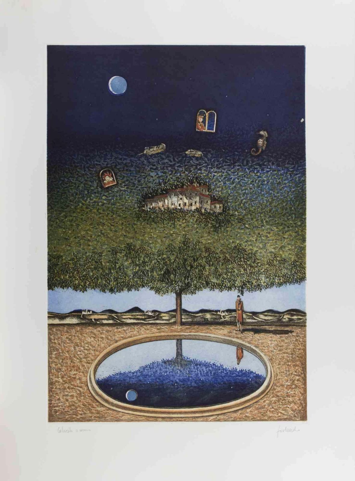 Franco Fortunatodreamlike Landscape With Tree, Moon...   Lithograph By Franco Fortunato   1990s1990s