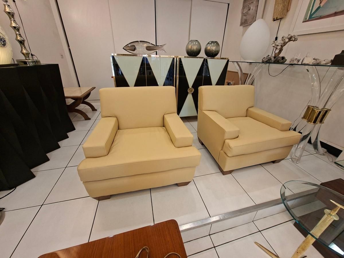 Pair Of Leather Armchairs After Jean Michel Frank, Circa 1935 photo vintage