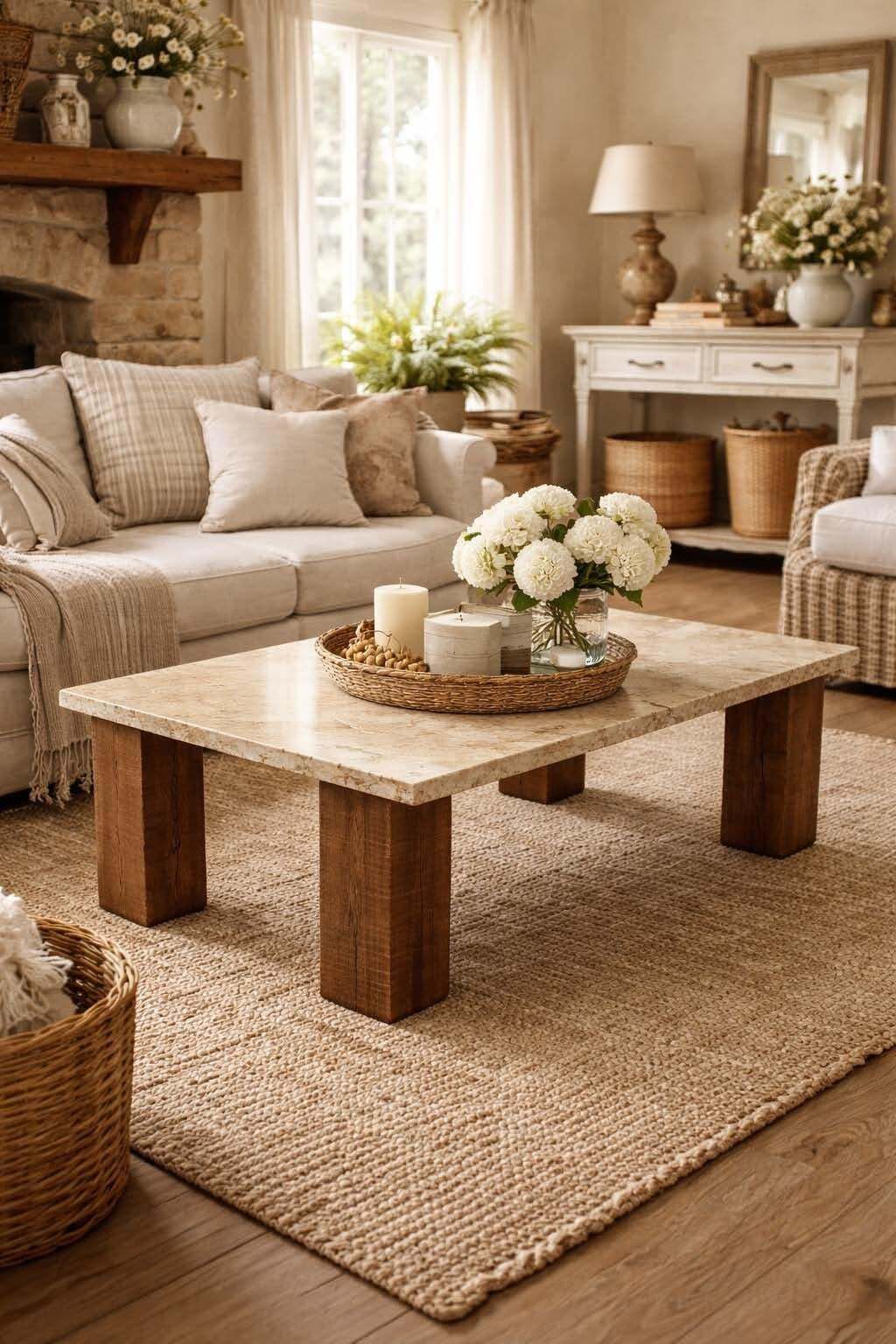 French Travertine & Oak Coffee Table Mid Century Modern, Circa 1960 photo for sale