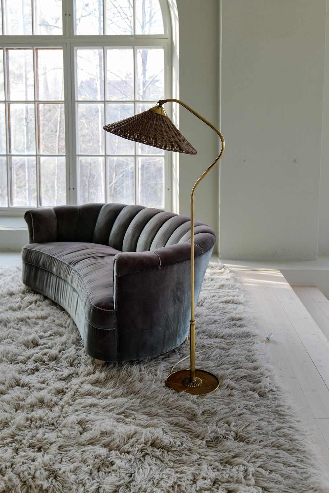 Art Deco Sculptural Brass And Rattan Floor Lamp Sweden 1940s photo 2813.0