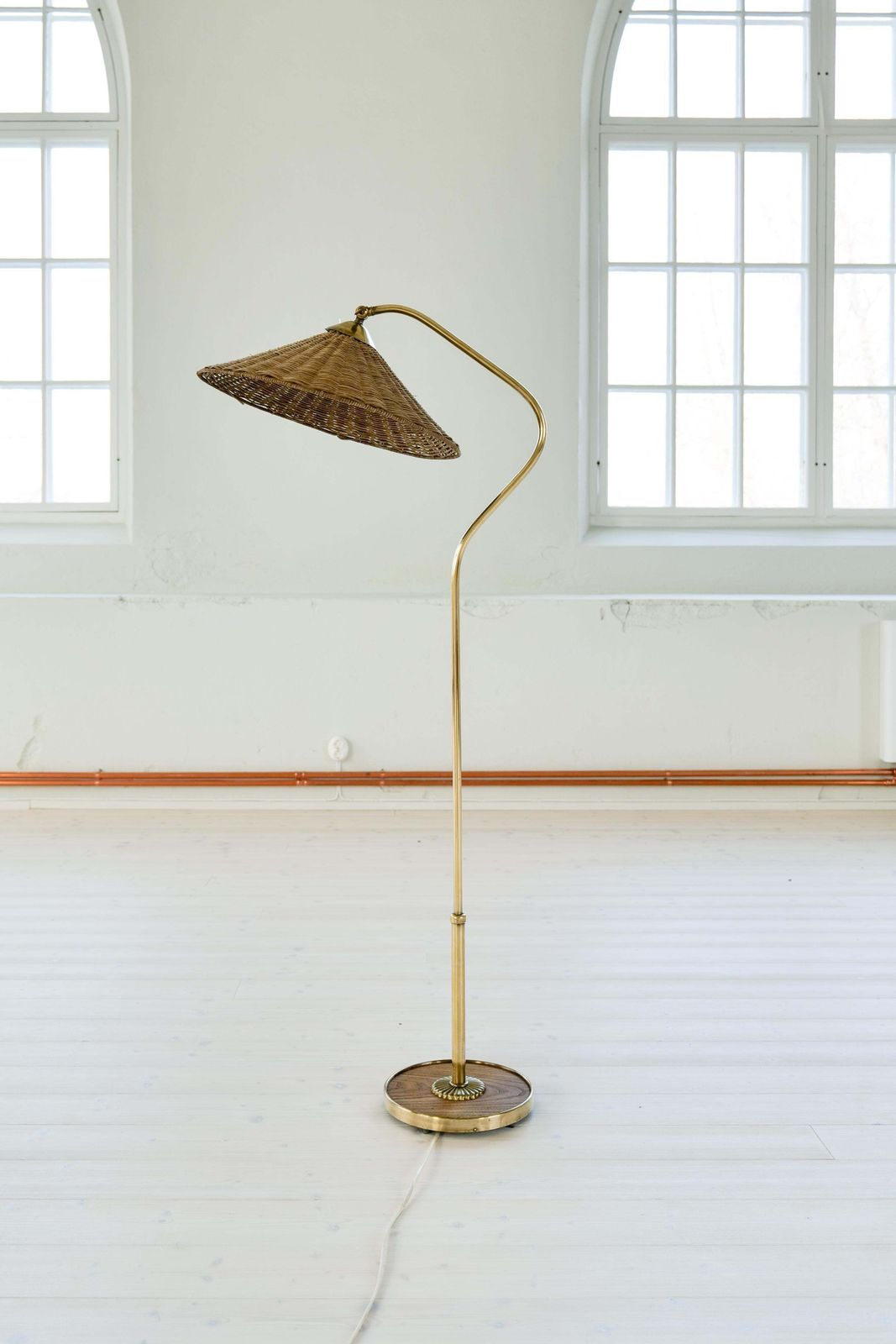 Art Deco Sculptural Brass And Rattan Floor Lamp Sweden 1940s photo vintage