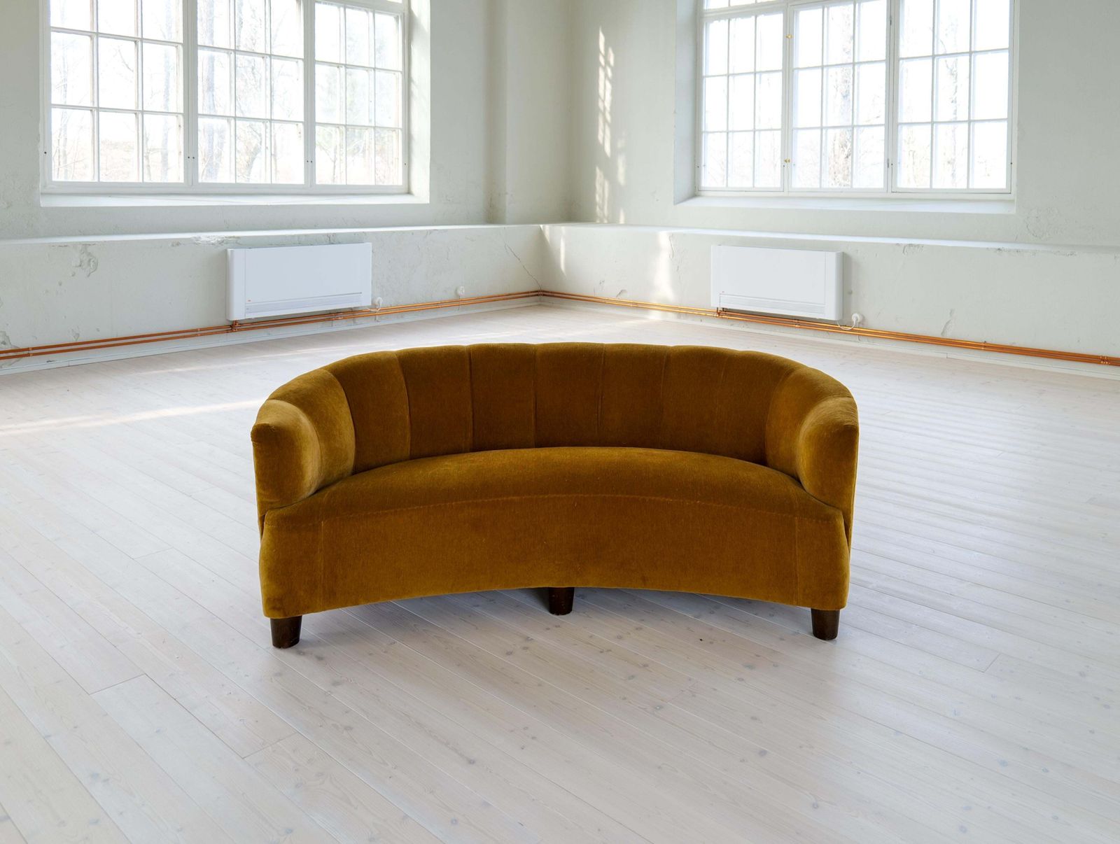Swedish Art Deco Velvet Sofa Curved Design, 1940s photo for sale