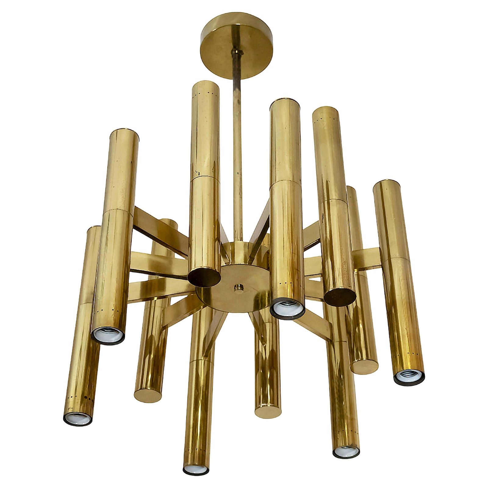 Mid Century Italian Brass Chandelier, Tube Form Design, 1970s Vintage