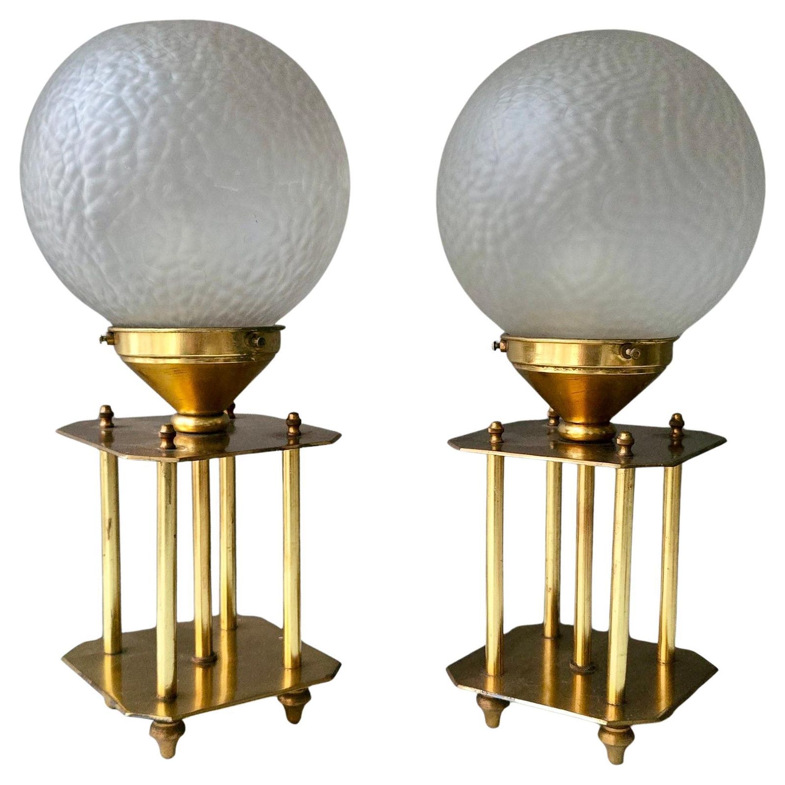 Pair Of 1960s Brass Art Deco Style Table Lamps With Textured Frosted Glass Globe