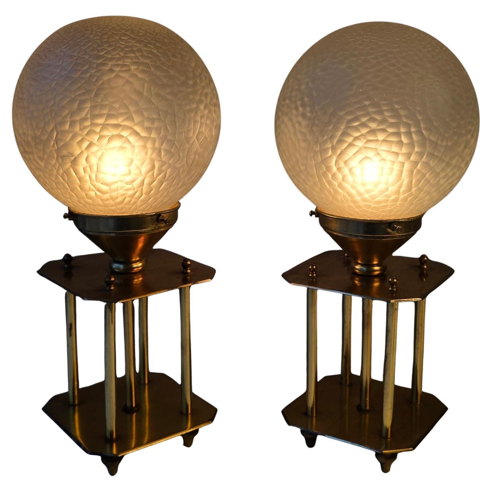 Pair Of 1960s Brass Art Deco Style Table Lamps With Textured Frosted Glass Globe photo for sale