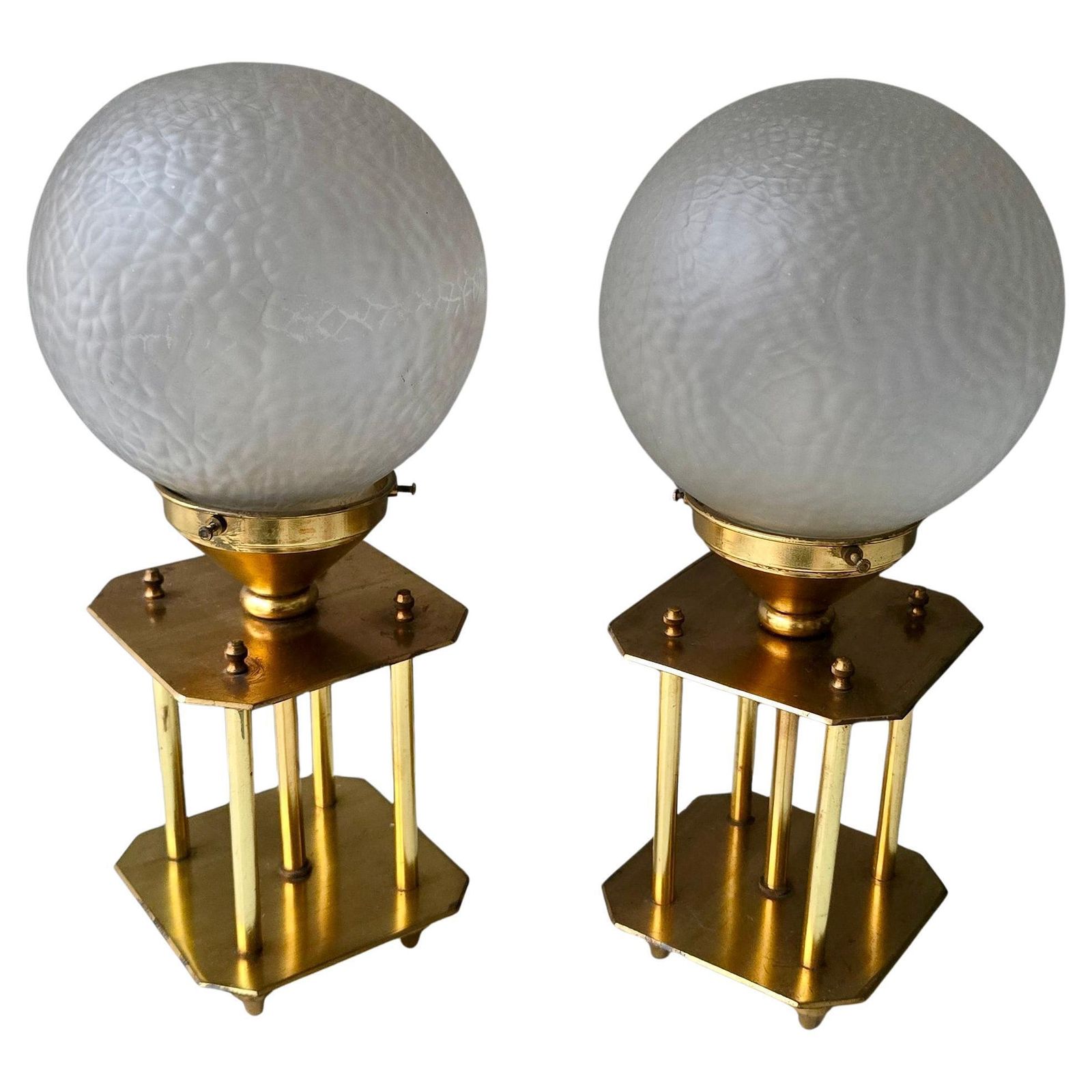 Pair Of 1960s Brass Art Deco Style Table Lamps With Textured Frosted Glass Globe photo 1398.0