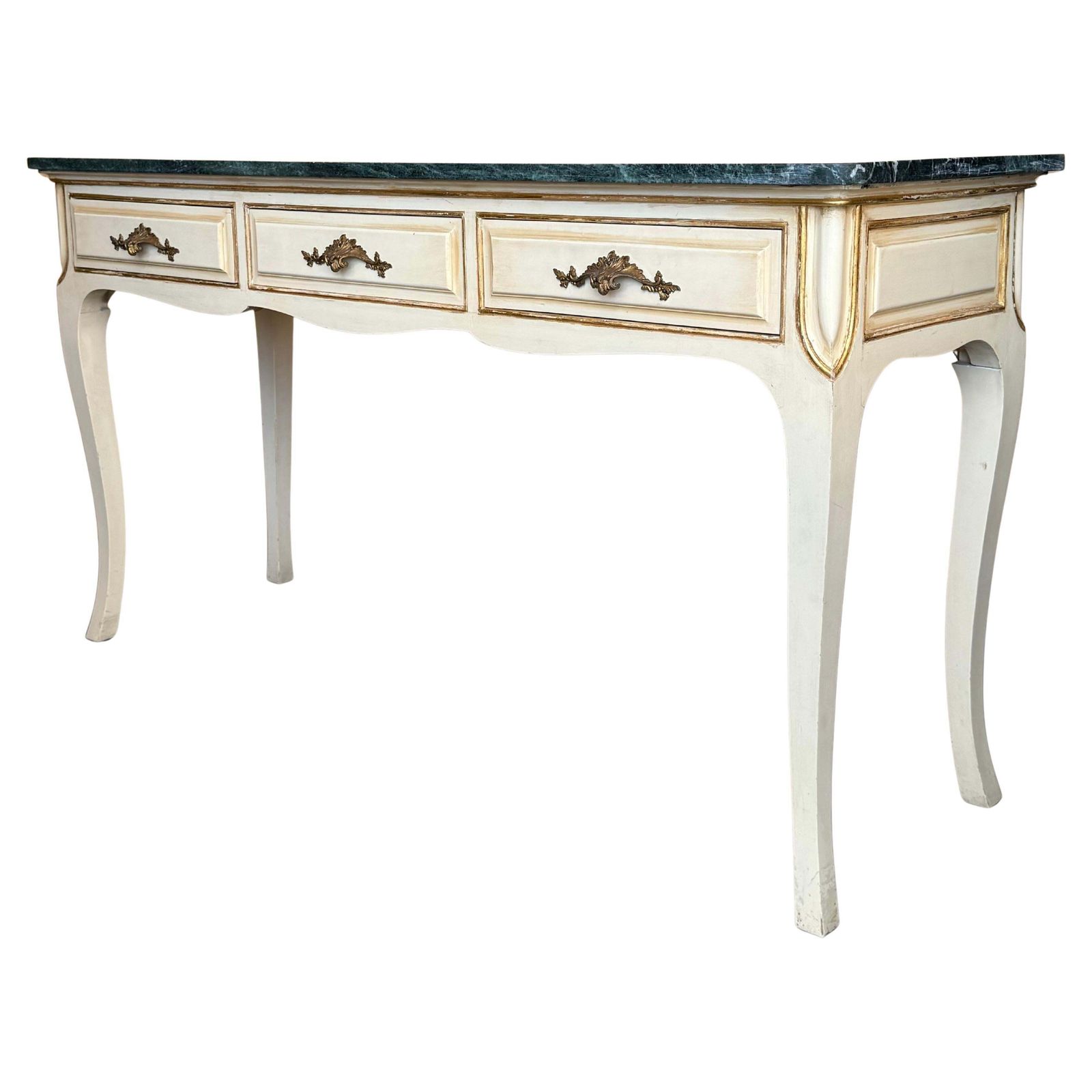 20th Century French White Painted Table Console With Green Marble Top