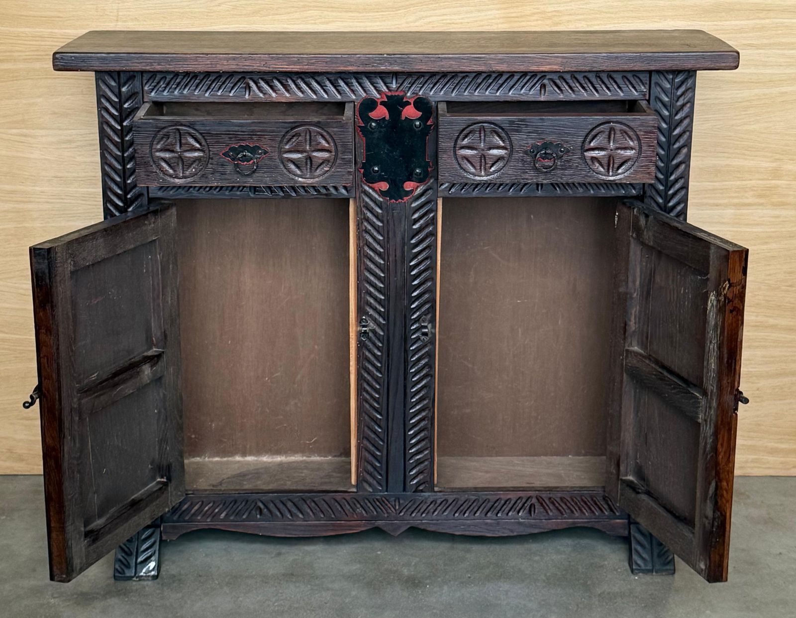 20th Spanish Baroque Carved Walnut Tuscan Two Drawers Credenza Or Buffet photo vintage