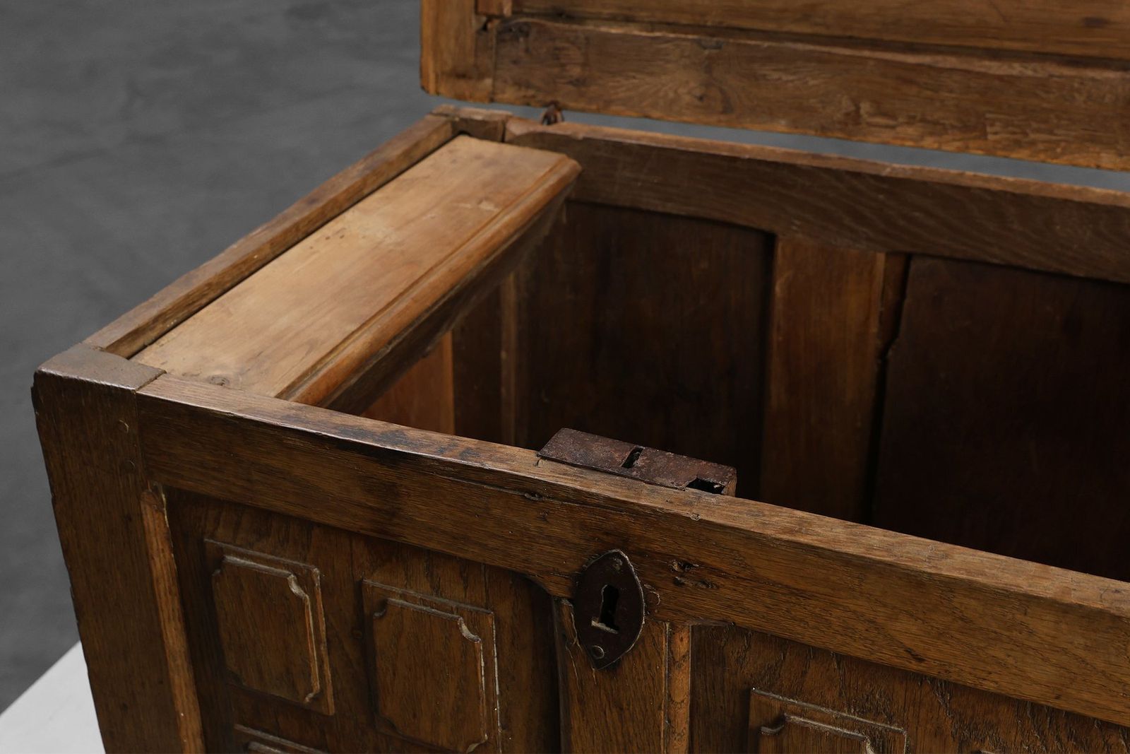 Rustic Oak Paneled Trunk Or Chest, France, 18th Century photo vintage