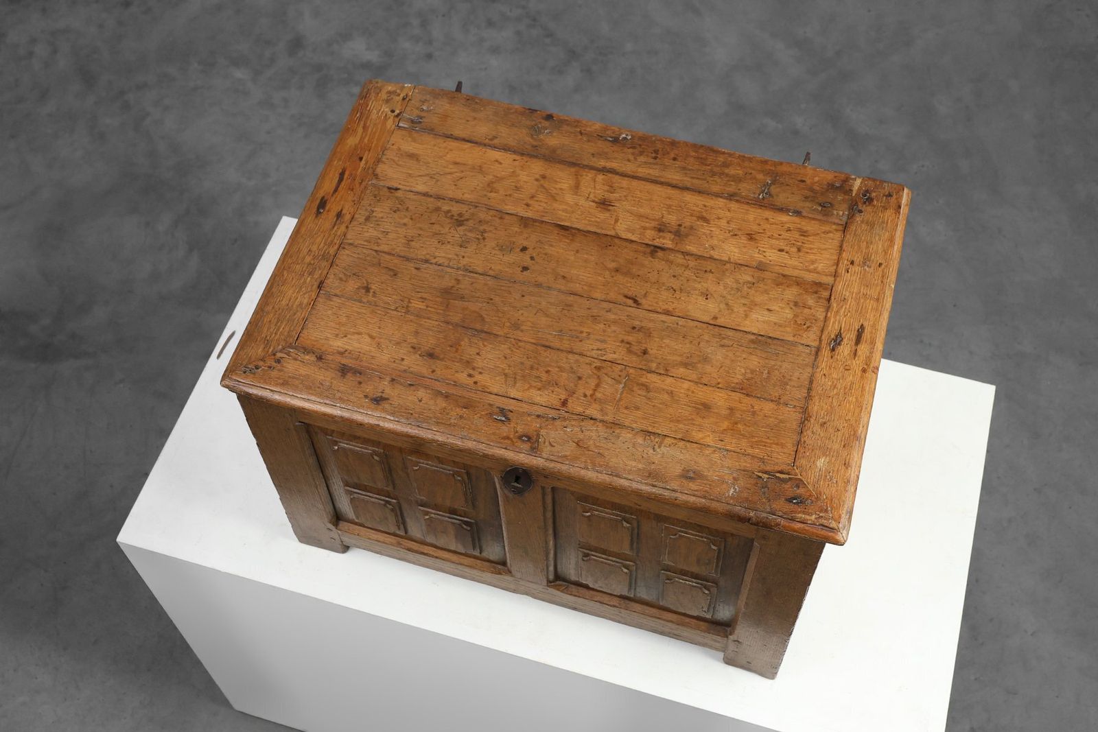 Furniture Rustic Oak Paneled Trunk Or Chest, France, 18th Century photo