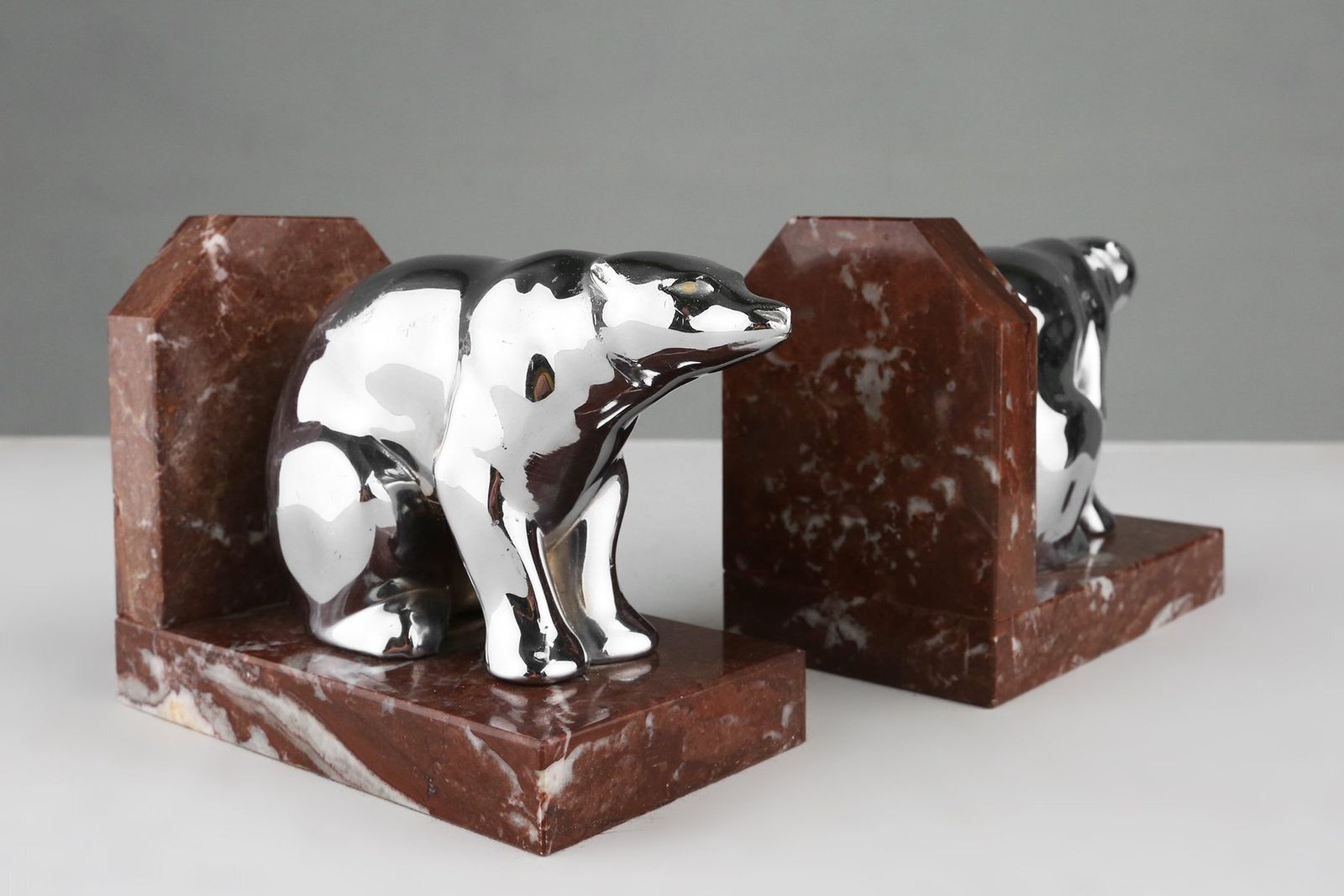 Art Deco Marble And Metal Bear Bookends, France, 1930s, Set Of 2 photo for sale