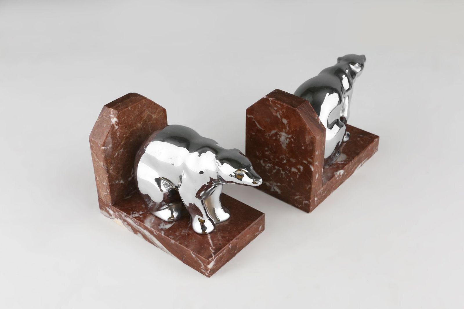 Art Deco Marble And Metal Bear Bookends, France, 1930s, Set Of 2 photo 699.0