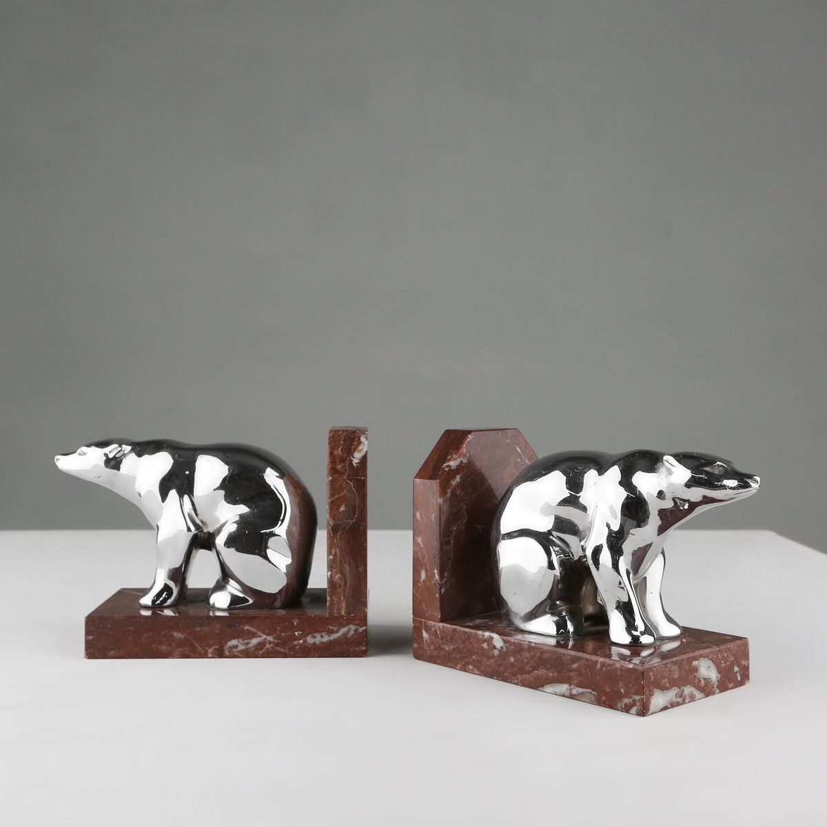 Art Deco Marble And Metal Bear Bookends, France, 1930s, Set Of 2 photo vinterior