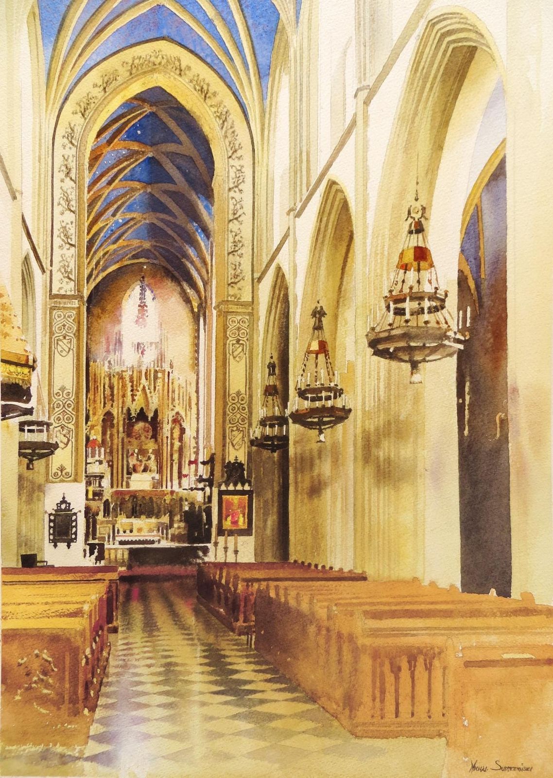 Michal Suffczynskicracow  Dominicain Church – Large Architectural Watercolor By Michał Suffczynski2017