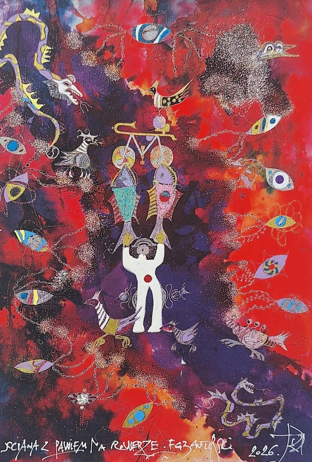 Jan Kanty Pawluśkiewiczwall With A Peacock On A Bicycle   Contemporary Mixed Media Colorful Artwork2026