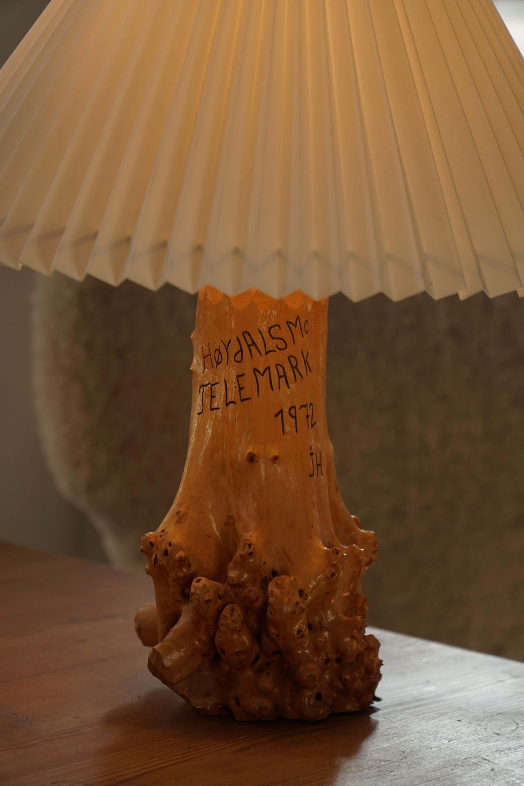433.0 Scandinavian Modern, Carved Wooden Table Lamp With Engraved Inscription, 1972 photo