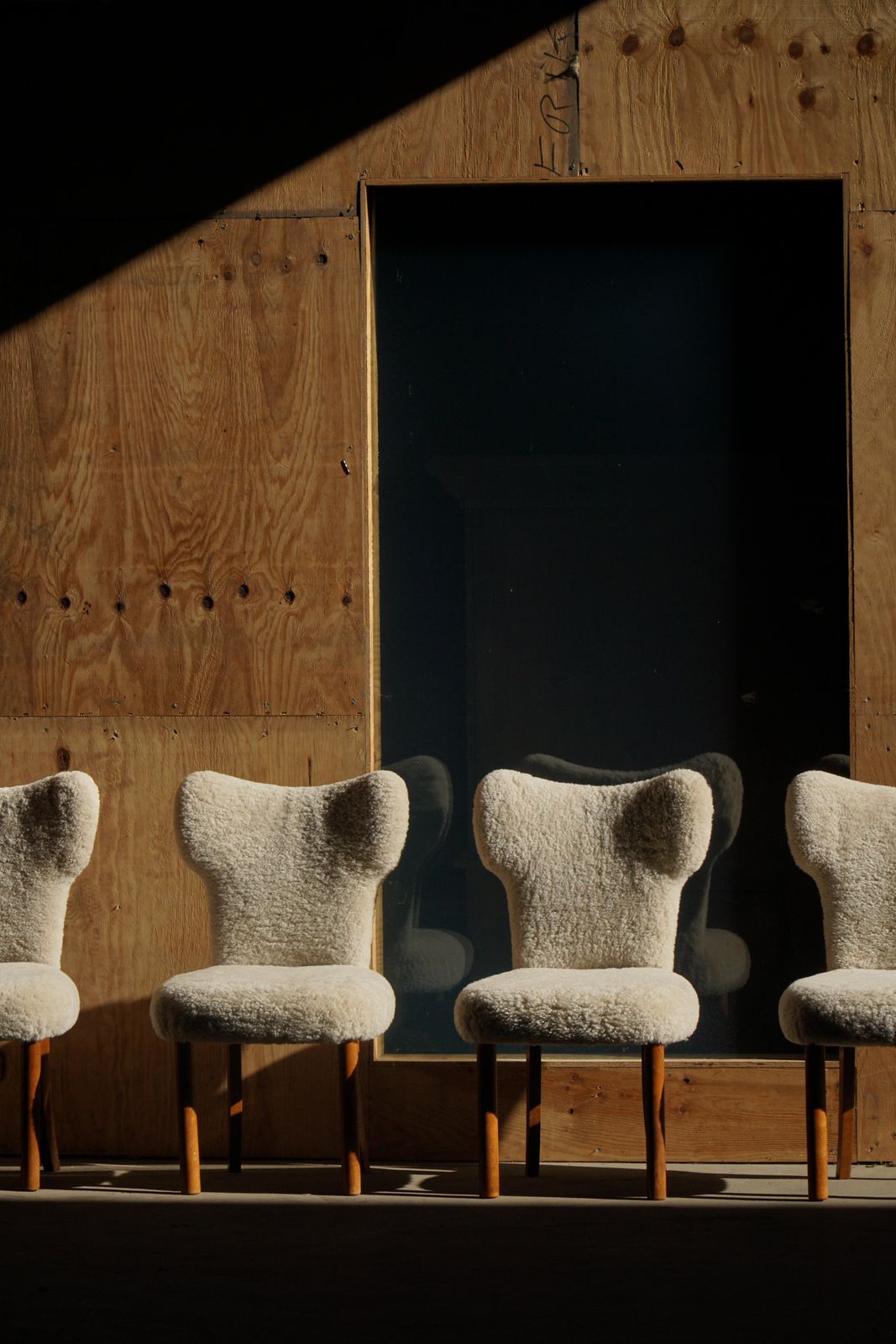 photo buy Set Of 4 Danish Modern Dining Chairs In Lambswool & Oak, Viggo Boesen, 1950s