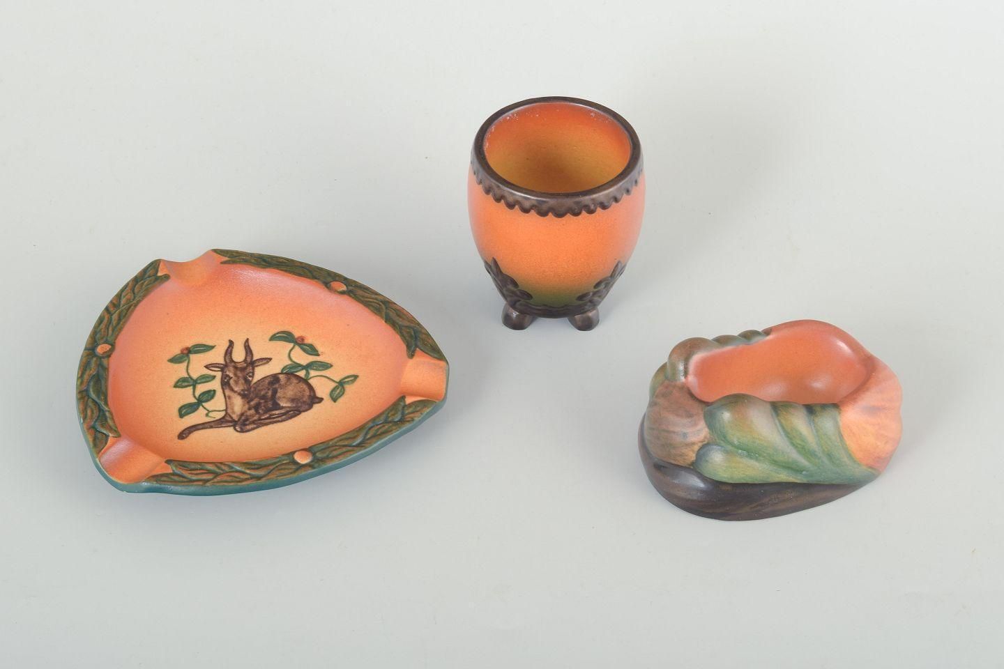 Ipsens Enke. Set Of Three Stoneware Pieces: Ashtray, Vase And Pipe Holder. photo furniture