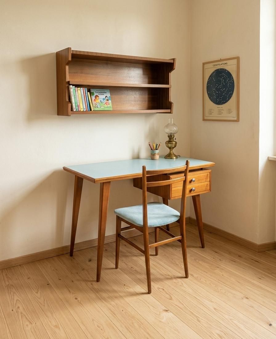 Italian Midcentury Desk And Chair With Suspended Bookcase Giò Ponti Style photo furniture