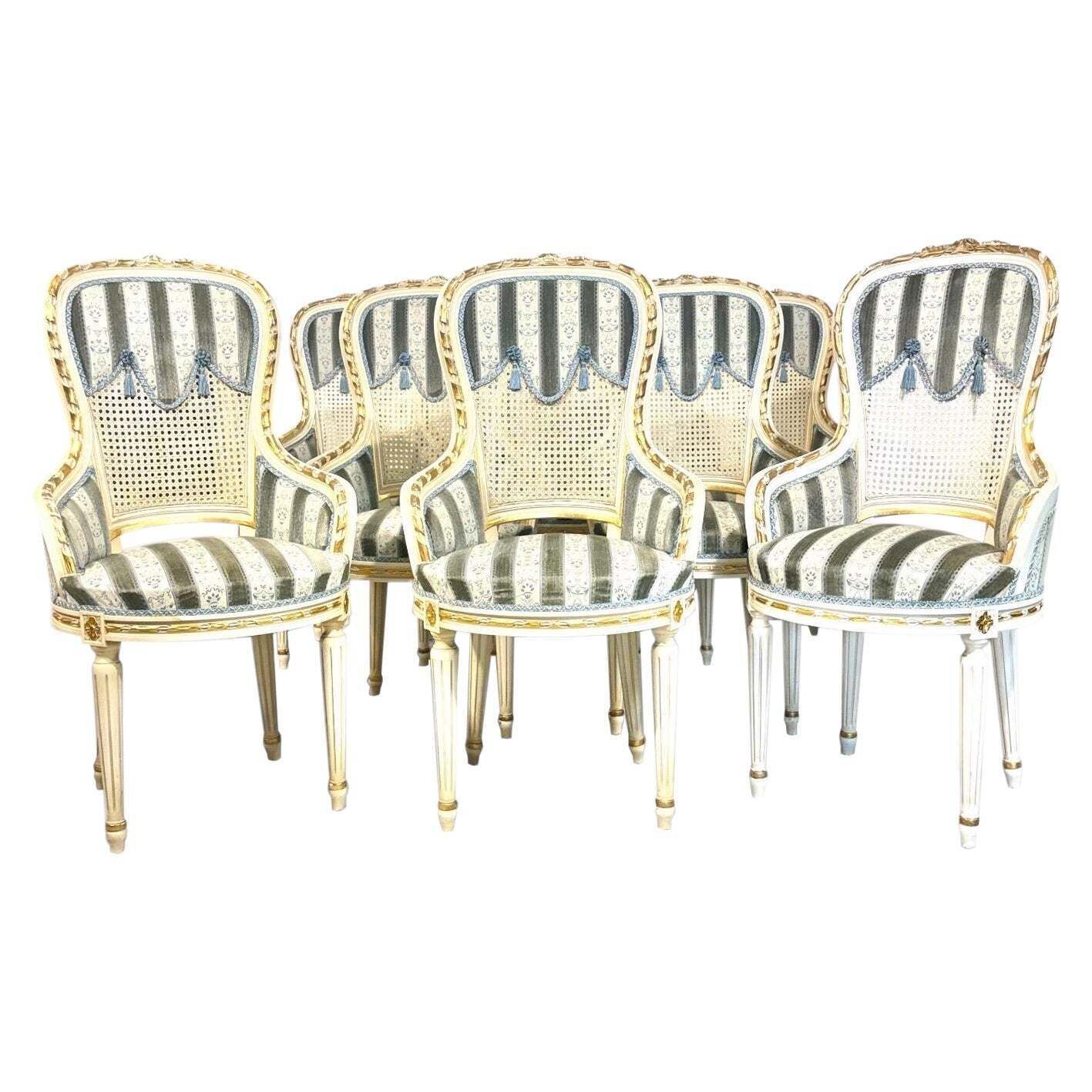 Set Of Eight French Louis XVI Style Painted & Gilt Dining Chairs, Caned Backs