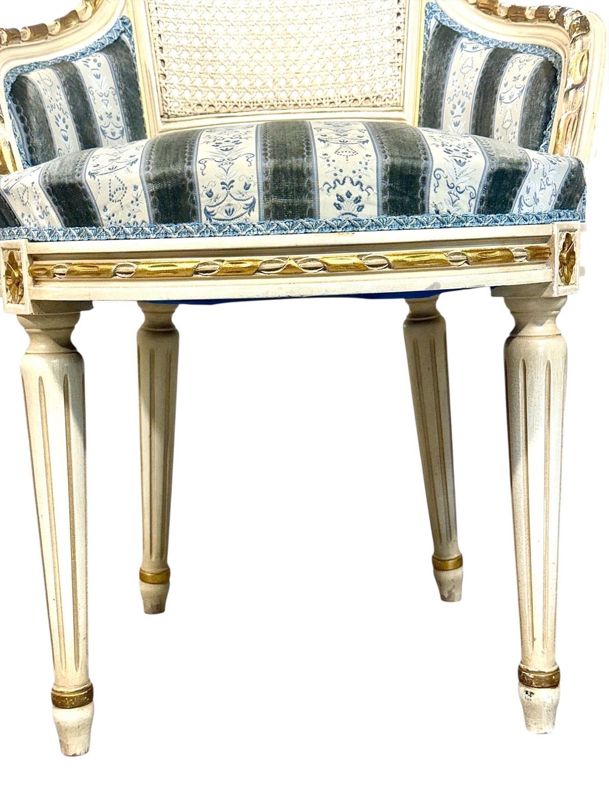Set Of Eight French Louis XVI Style Painted & Gilt Dining Chairs, Caned Backs photo for sale