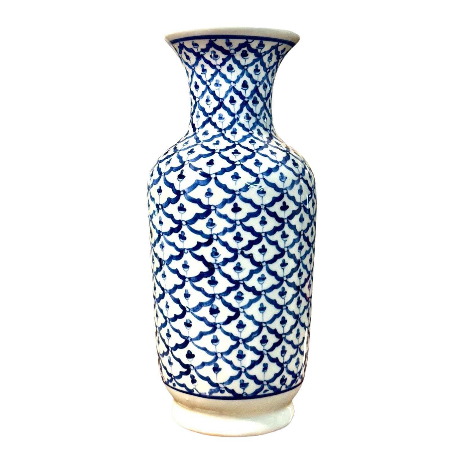 Mid 20th Century Blue And White Porcelain Vase, Floral Lattice Design
