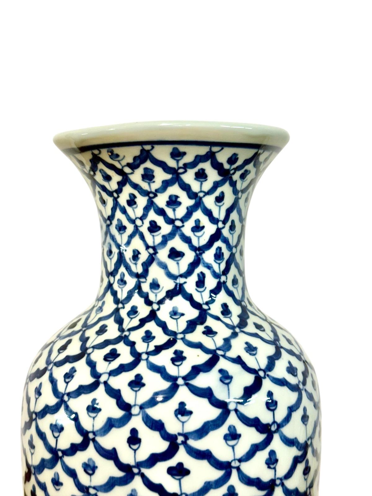 Mid 20th Century Blue And White Porcelain Vase, Floral Lattice Design photo for sale