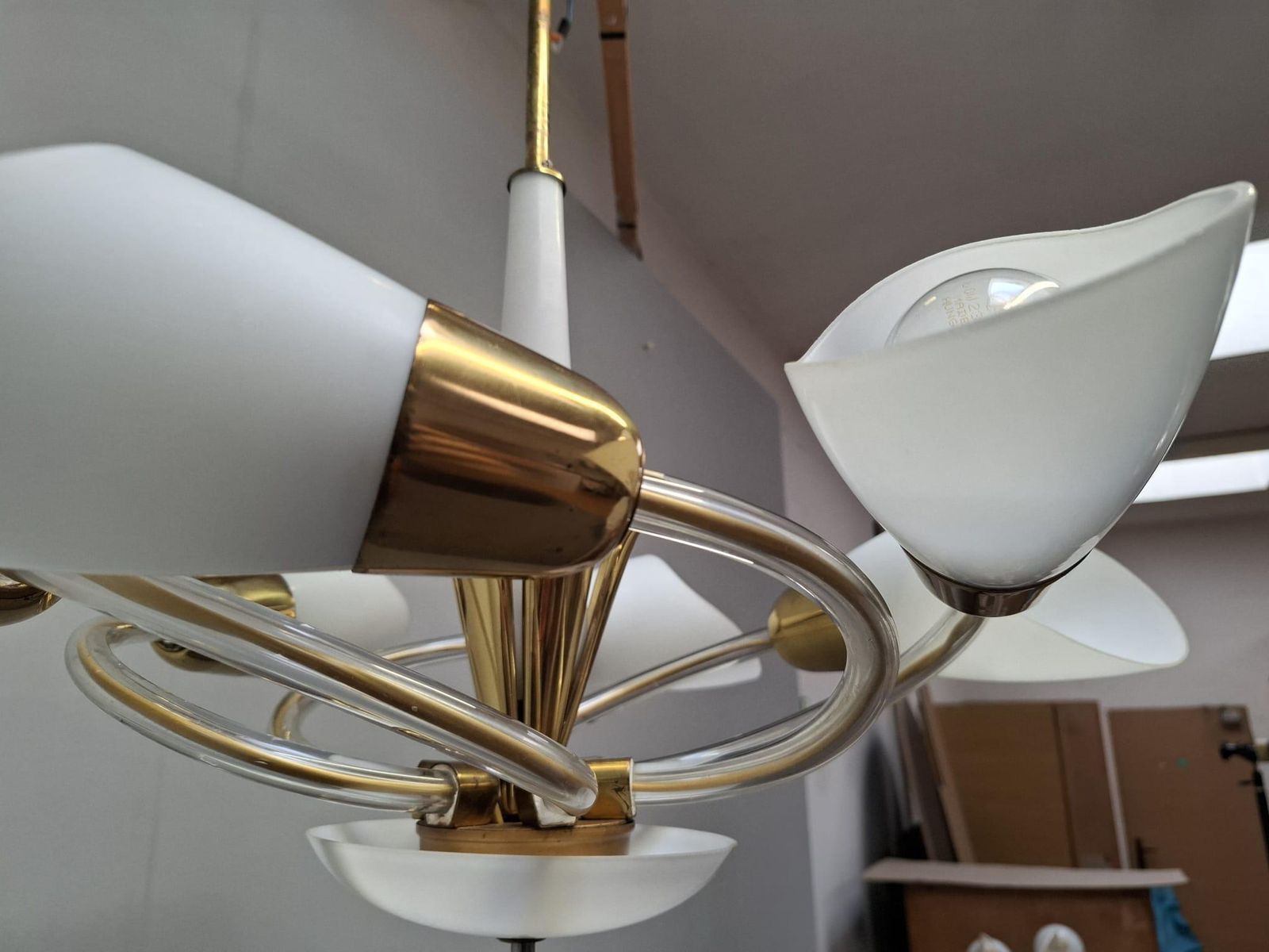 Mid Century Czech Brass And Milk Glass Six Light Chandelier, 1960s photo buy