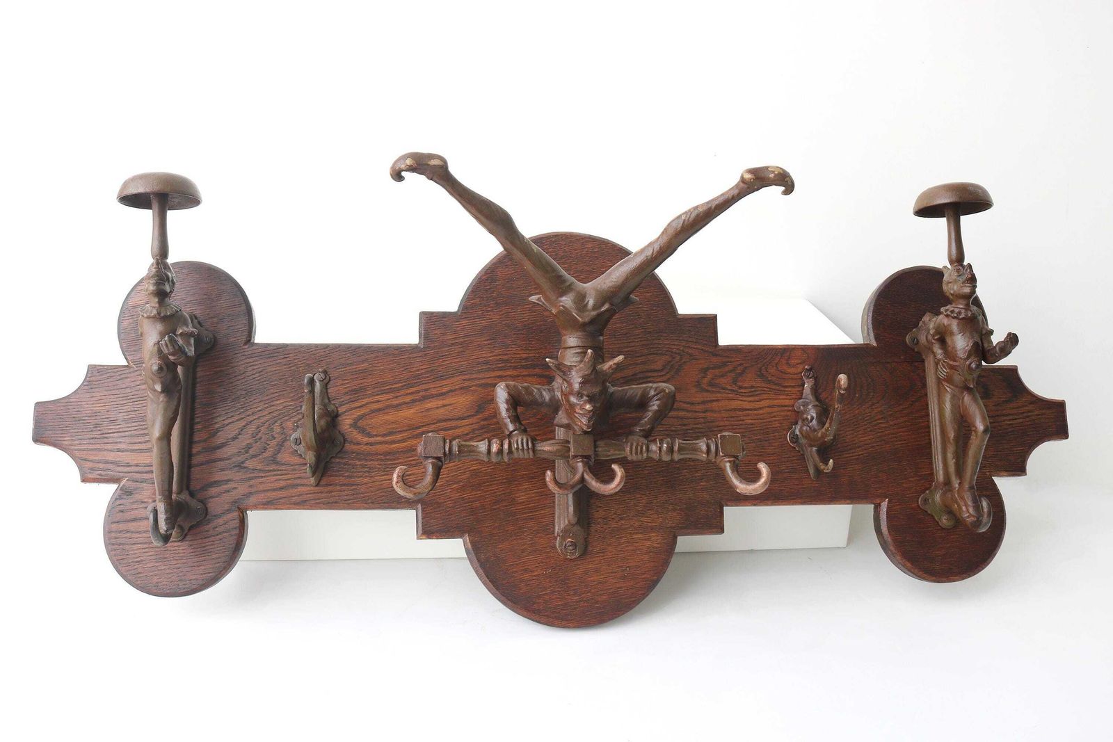 Unique Victorian Oak Wall Coat Rack With Cast Iron Jester & Elephant Hooks – Antique Figural Hall Rack – Decorative Entryway Storage photo furniture
