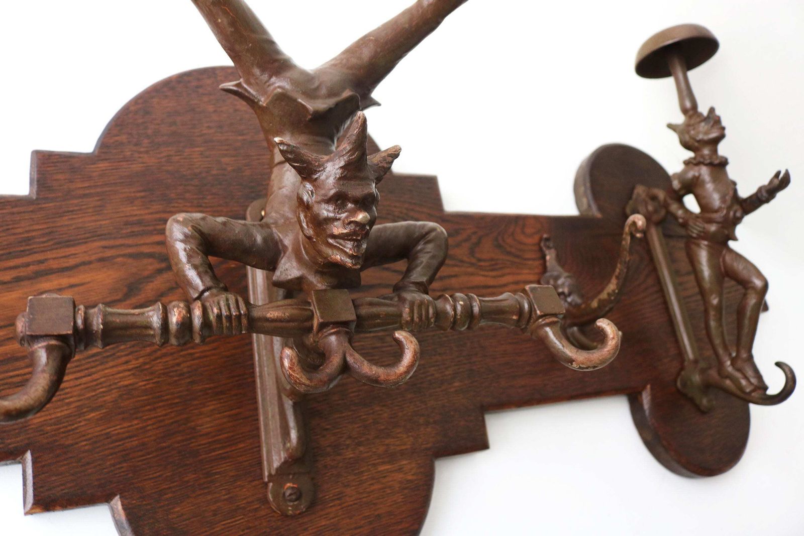Unique Victorian Oak Wall Coat Rack With Cast Iron Jester & Elephant Hooks – Antique Figural Hall Rack – Decorative Entryway Storage photo buy